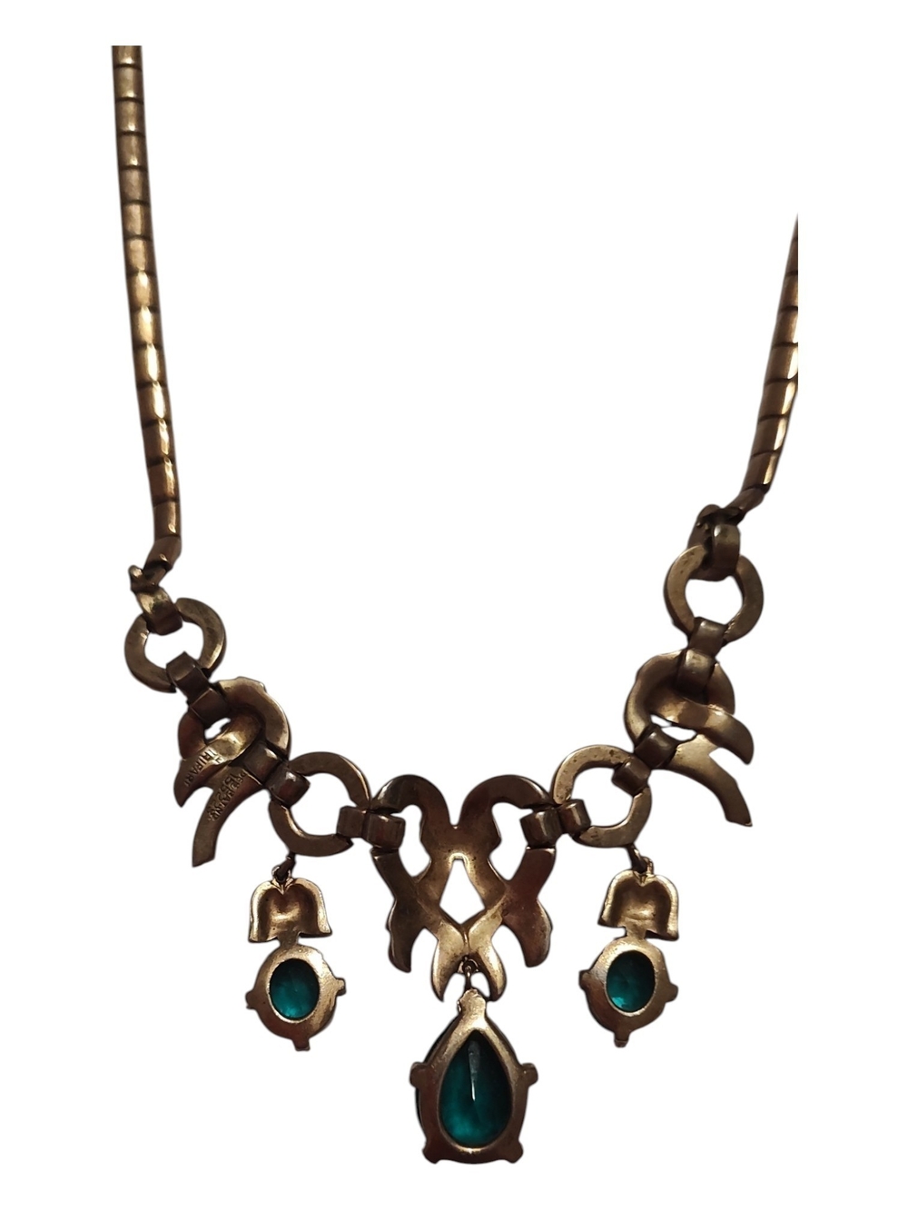 Trifari Vintage Green Rhinestone Teardrop Dangle Statement Necklace Medieval - Picture 2 of 9